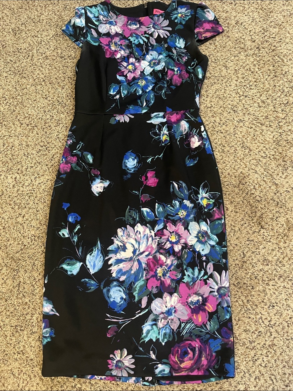Betsy Johnson Floral Sheath Dress in Black with Blue & purple Blooms